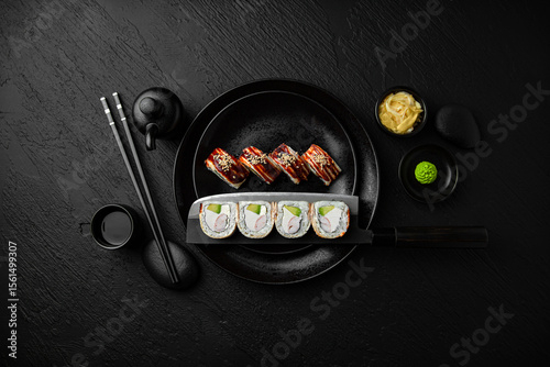 Panko roll with shrimp. Sushi composition on black background. The Art of Japanese Cuisine. Food photography for menu and sushi bar decoration