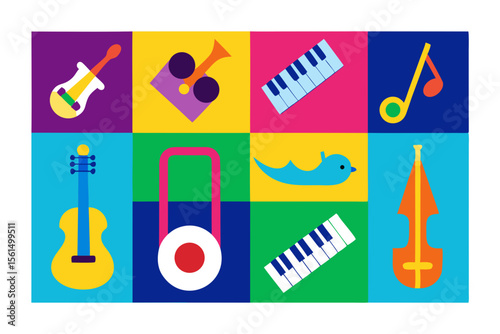 Colorful geometric musical instruments and objects collage
