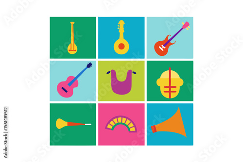 Colorful collection of musical instruments and sound devices in a grid layout