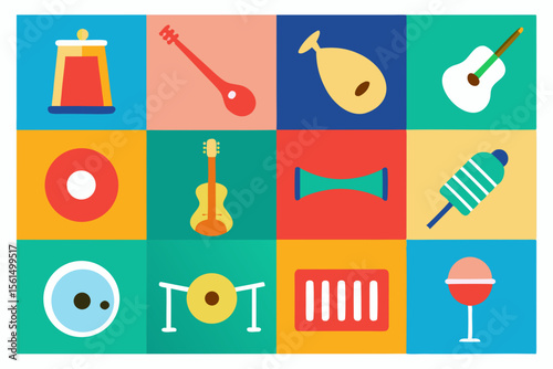 A colorful collage of various musical instruments and percussion