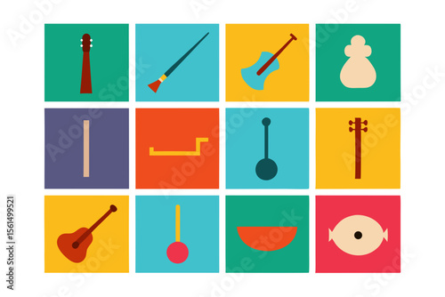 Collection of diverse musical instruments and symbols in colorful squares