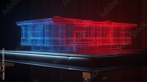 Digital holographic display of luxury real estate units in red and blue gradient light over executive black leather table
