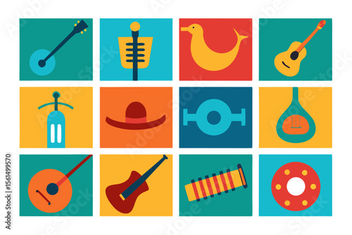 A colorful grid of musical instruments and various objects