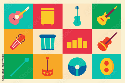 Colorful flat icons of musical instruments and audio equipment collage