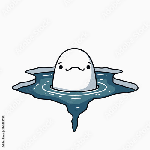 Cartoon Beluga Whale Emerging from a Hole in the Ice, Cute and Simple Illustration