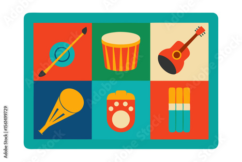 Colorful flat design icons of musical instruments and toys on a teal background