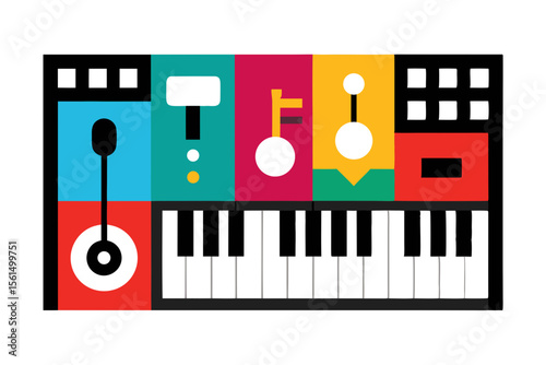 Colorful abstract musical instruments and keyboard illustration with geometric shapes