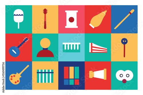Colorful flat icons of musical instruments and sound devices