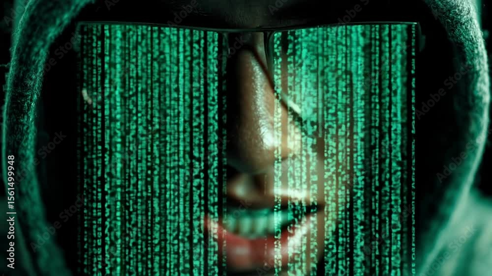 In a dimly lit underground lair, a cloaked figure intently decodes streams of digital data. The atmosphere crackles with tension as neon green symbols cascade down, hinting at a hidden agenda.