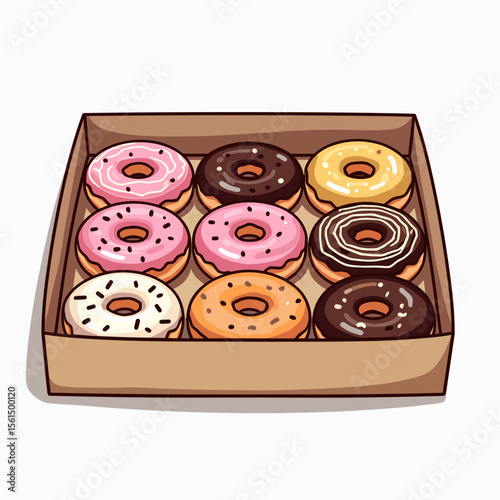 Box of Delicious Assorted Donuts Illustration with Pink, Chocolate and Glazed Varieties