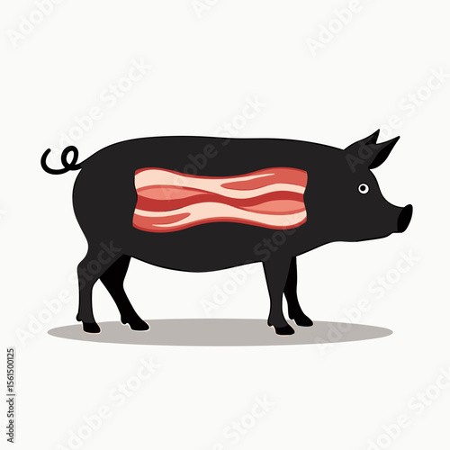 Conceptual Illustration of a Black Pig with Bacon Inside, Representing Pork Products