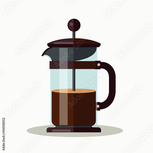 Illustration of a French Press Coffee Maker with Freshly Brewed Coffee, Flat Design