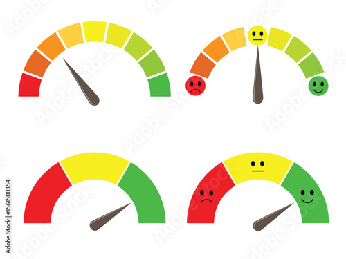 Collection of half-round scales from red to green with arrows and emoticons faces. Vector illustration isolated on white background