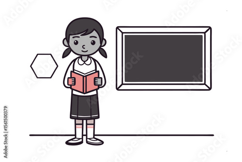 Young Student's Focus: A young student absorbed in a book stands next to a chalkboard, ready for lessons, symbolising the curiosity, growth, and focus of education