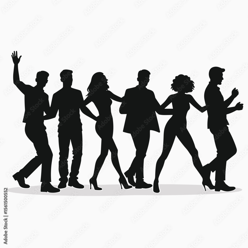 Fototapeta premium Silhouette of a Group of People Dancing and Celebrating Together in a Line, Vector Illustration