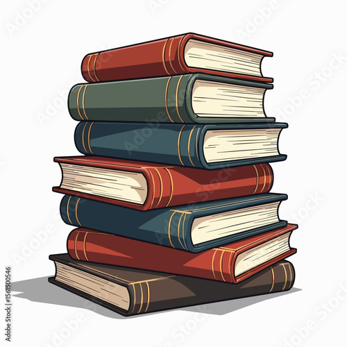 Stack of Colorful Books Illustration with Red, Blue, Green and Brown Covers, Gold Accents, Cartoon Style