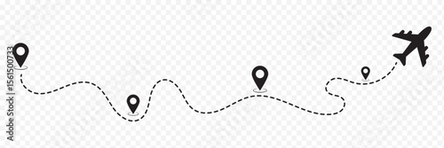 Airplane line path route travel vector concept. Plane routes dotted paths aircraft travel route start point flight destination black airplane. 