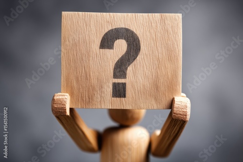 Wooden figure holds a sign with a question mark