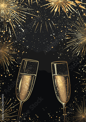 Champagne glasses clinking against fireworks background at night  