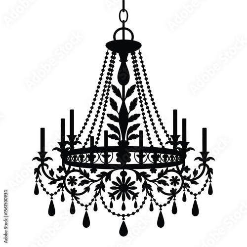 Elegant black silhouette of a vintage chandelier with ornate details and crystal drops