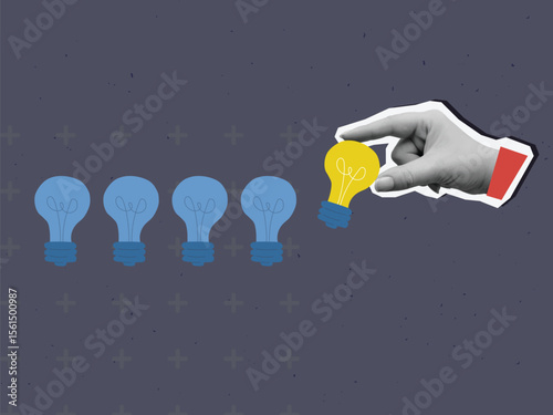 Black and white hand puts a glowing lightbulb in a row. Modern collage style. Vector illustration