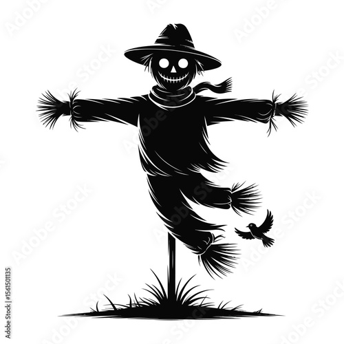 Spooky silhouette scarecrow with a bird flying away on a white background