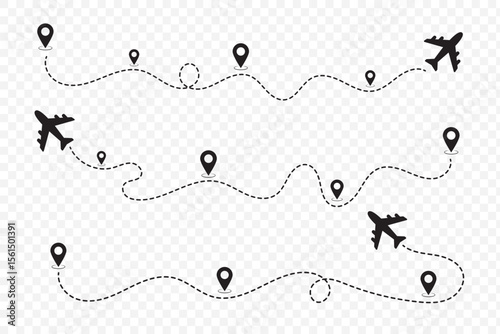 Airplane line path icon of air plane flight route with start point and dash line trace. 