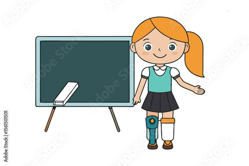 Back to School with Inspiration: A cheerful girl, equipped with a leg brace, stands confidently beside a chalkboard, symbolizing inclusivity and educational opportunity for all.