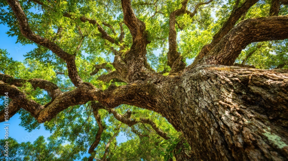 Fototapeta premium Majestic Elderly Tree with Thick Gnarled Branches and Lush Green Leaves.