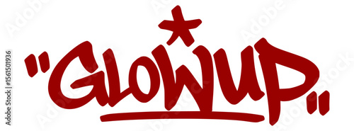 Stylish red graffiti tag "Glow Up" with bright drip lines and transparent background. Slang for transformation, confidence, and self-growth.