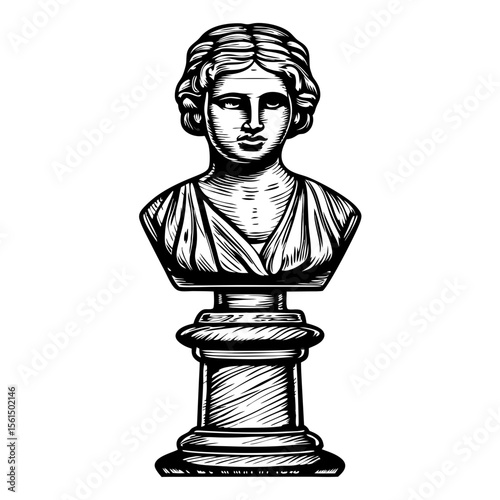 Classic marble bust on pedestal. Intricate hand-drawn engraving of ancient sculpture. Detailed depiction of female figure. Elegant statue design perfect for historical publications.