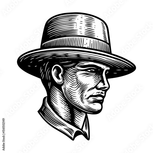 Man in fedora hat, engraved portrait in black and white. Detailed head and shoulders drawing, stylish fedora hat style. Classic man profile illustration.