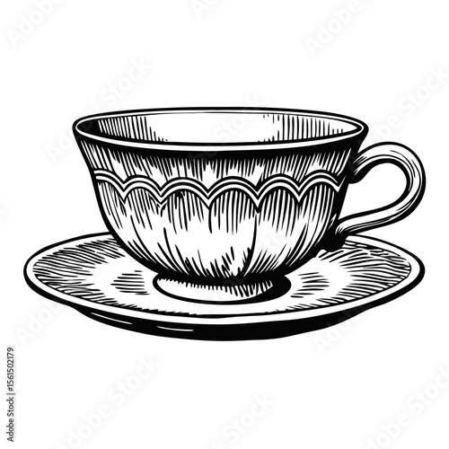 Elegant porcelain teacup and saucer hand-drawn illustration.  Intricate design features delicate scalloped edges and ribbed body.