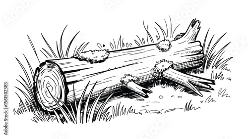 Black and white sketch of a fallen log with mossy growths surrounded by grass