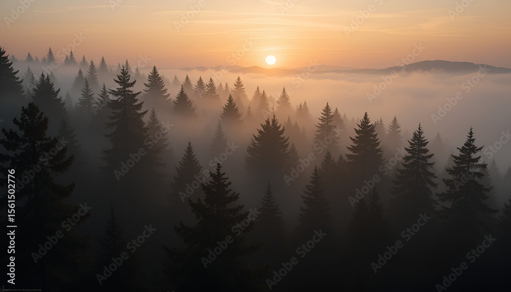 Fototapeta premium Serene sunrise illuminates a foggy forest, casting a golden glow over the trees and creating a tranquil atmosphere.