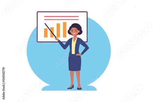 Strategic Visionary: A professional woman confidently presents data analysis on a graph. She embodies authority, expertise, and an unwavering grasp of information. 