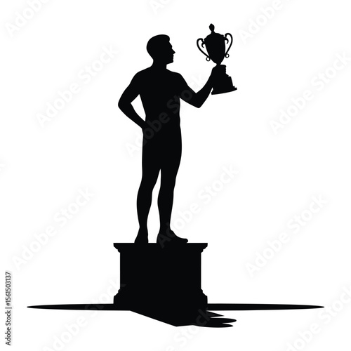 Silhouette of a triumphant athlete holding a trophy aloft on a pedestal