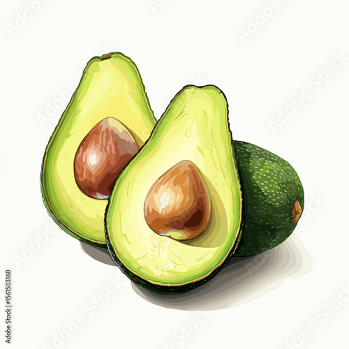 Ripe avocados halved to show creamy flesh and brown seed  