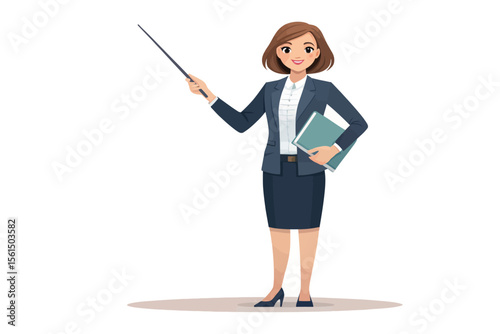 Empowered Educator: A confident female educator, poised and professional, uses a pointer to indicate an element while holding file folders.