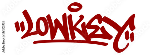 Subtle red graffiti tag "Lowkey" with smooth drip lines and transparent background. Gen Z slang for something quiet, secret, or chill.