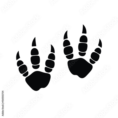 Black dinosaur footprints with sharp claws on a white background