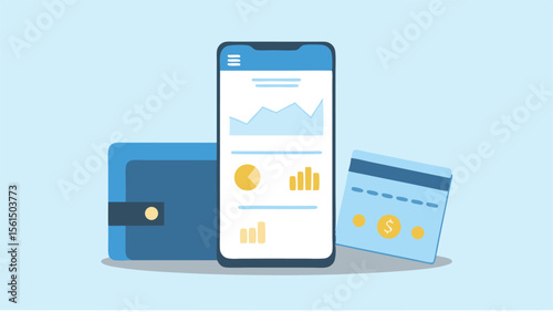 mobile phone displaying financial data with a wallet and credit card shown