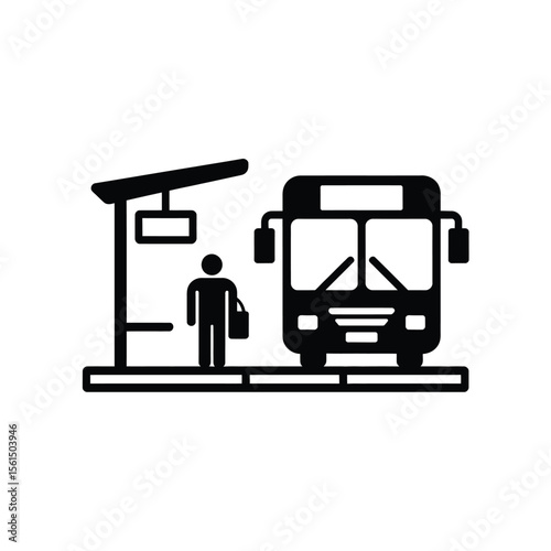 Person waiting at bus stop with bus arriving on white background