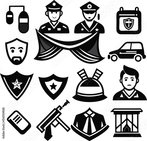 Black and White Vector Icon Set Police Officer Security Shield Car Uniform Gun Badge