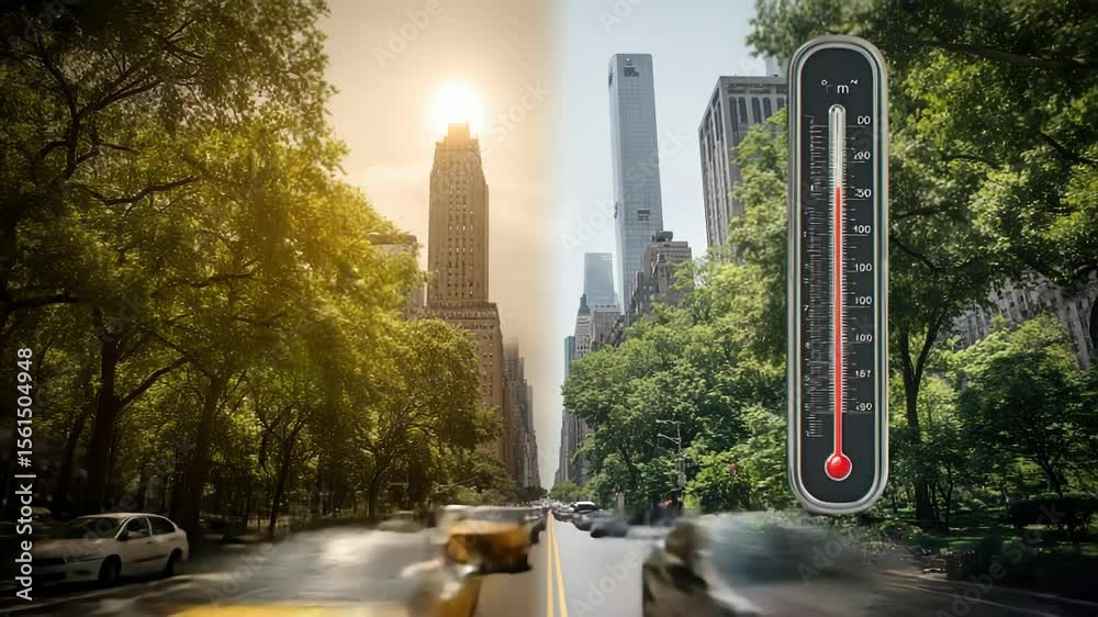 Streets come alive with the hustle of vehicles and warmth of the sun shining down. Skyscrapers tower over lush greenery, creating a vibrant urban atmosphere on a summer day.