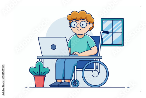 Inclusive Digital Realm: A person in a wheelchair navigates a laptop computer, demonstrating accessibility and promoting a digital environment
