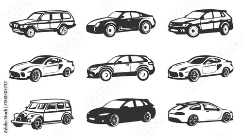 Collection of Car Icon Silhouettes Isolated on White Background – Vehicle Symbol Vector Set for Transport, Automotive, and Engineering Design