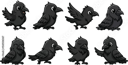 vector illustration crow raven bird black funny cute cartoon mascot character cartoon with 8 poses 01