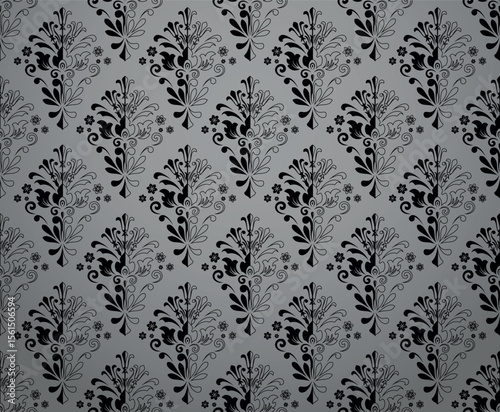 Wallpaper in the style of Baroque. Gray and black floral ornament. Seamless vector background. Graphic pattern for fabric, wallpaper, packaging. Ornate Damask flower illustration