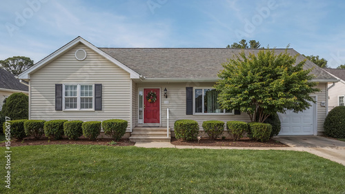 Pretty one story house with red door and green lawn